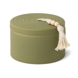 Керамична соева свещ Падивакс - кипарис и ела с капак и висящи ресни с мъниста - градински чай